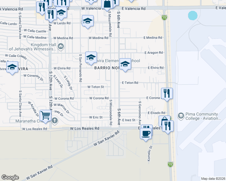 map of restaurants, bars, coffee shops, grocery stores, and more near 7041 South Missiondale Road in Tucson