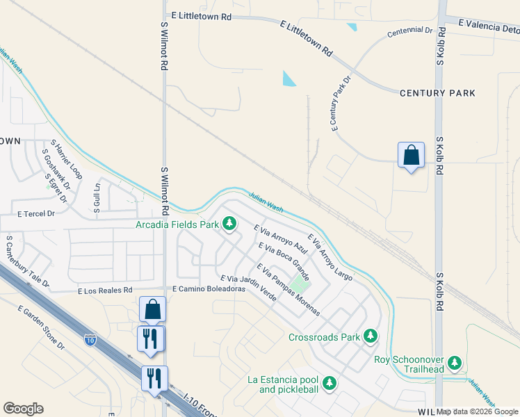 map of restaurants, bars, coffee shops, grocery stores, and more near 6607 East Via Arroyo Largo in Tucson