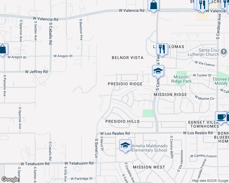 map of restaurants, bars, coffee shops, grocery stores, and more near 3659 West Camino Del Viento in Tucson