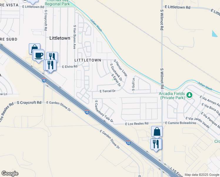 map of restaurants, bars, coffee shops, grocery stores, and more near 5935 East Tercel Drive in Tucson