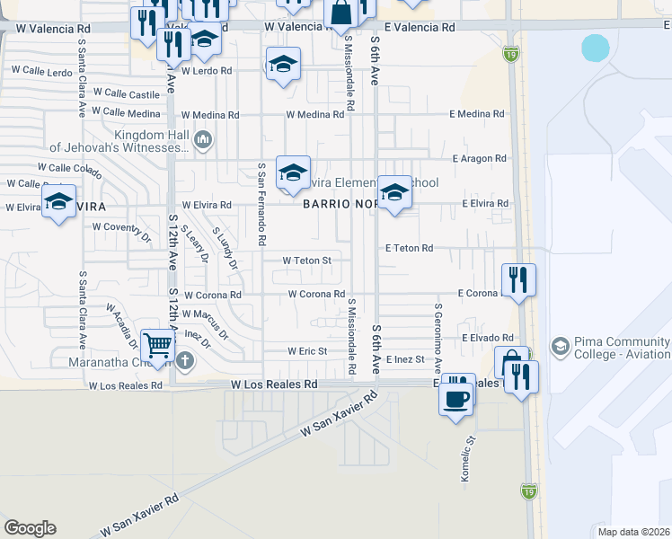 map of restaurants, bars, coffee shops, grocery stores, and more near 7021 South 7th Avenue in Tucson
