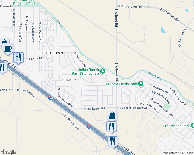 map of restaurants, bars, coffee shops, grocery stores, and more near 6155 East Bramble Street in Tucson