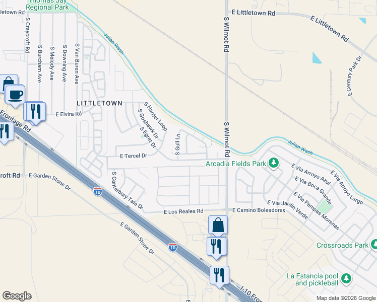 map of restaurants, bars, coffee shops, grocery stores, and more near 6203 East Bramble Street in Tucson
