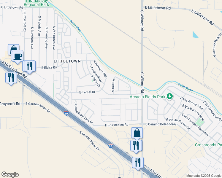 map of restaurants, bars, coffee shops, grocery stores, and more near 6089 East Gull Court in Tucson