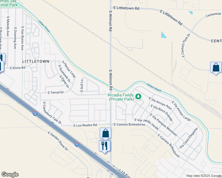 map of restaurants, bars, coffee shops, grocery stores, and more near Julian Wash Greenway in Tucson