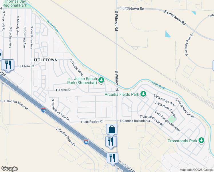 map of restaurants, bars, coffee shops, grocery stores, and more near 6241 East Stonechat Drive in Tucson
