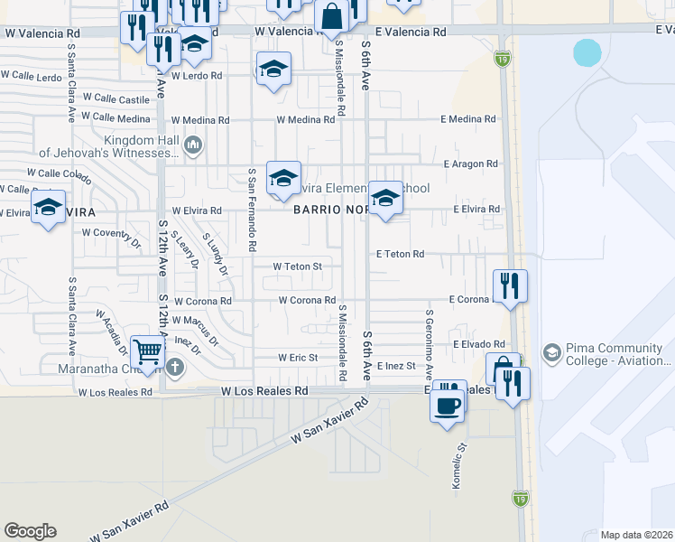 map of restaurants, bars, coffee shops, grocery stores, and more near 7021 South 7th Avenue in Tucson