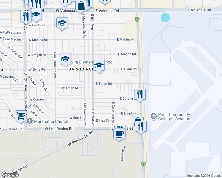 map of restaurants, bars, coffee shops, grocery stores, and more near 222 East Teton Road in Tucson