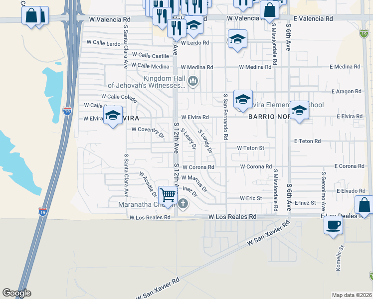 map of restaurants, bars, coffee shops, grocery stores, and more near 7058 South Leary Drive in Tucson