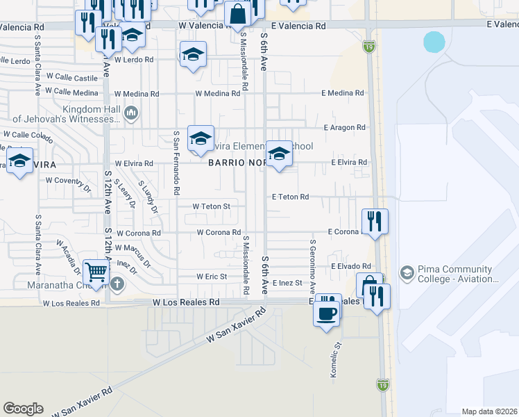 map of restaurants, bars, coffee shops, grocery stores, and more near 7041 South Missiondale Road in Tucson