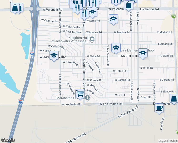 map of restaurants, bars, coffee shops, grocery stores, and more near 7058 South Leary Drive in Tucson