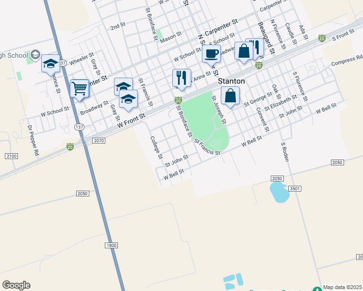 map of restaurants, bars, coffee shops, grocery stores, and more near 400 Saint Benedict Street in Stanton