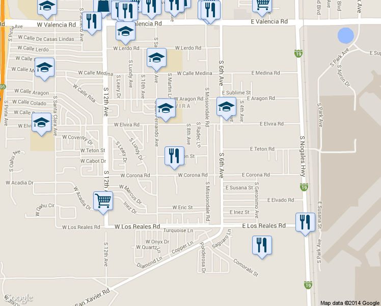 map of restaurants, bars, coffee shops, grocery stores, and more near 7021 South 7th Avenue in Tucson