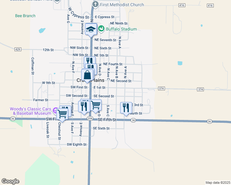 map of restaurants, bars, coffee shops, grocery stores, and more near 200 North Avenue B in Cross Plains