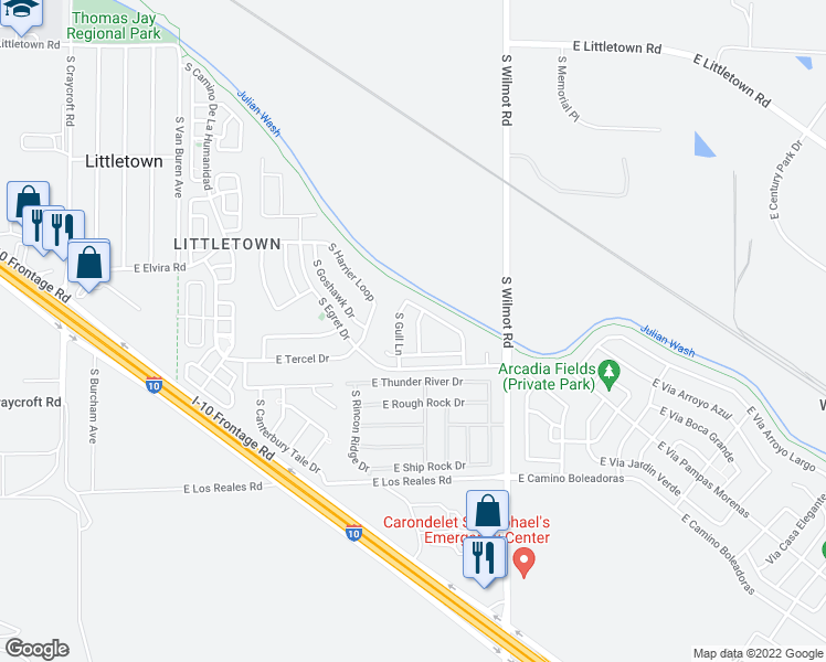 map of restaurants, bars, coffee shops, grocery stores, and more near 7040 South Dunnock Drive in Tucson