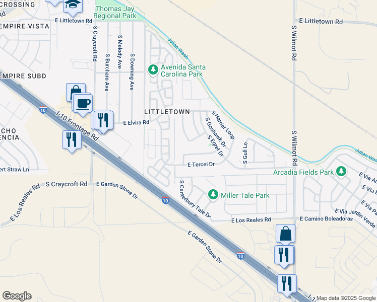 map of restaurants, bars, coffee shops, grocery stores, and more near 5873 East Cedarbird Drive in Tucson