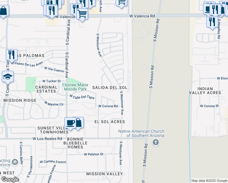 map of restaurants, bars, coffee shops, grocery stores, and more near 2601 West Vereda Roja in Tucson