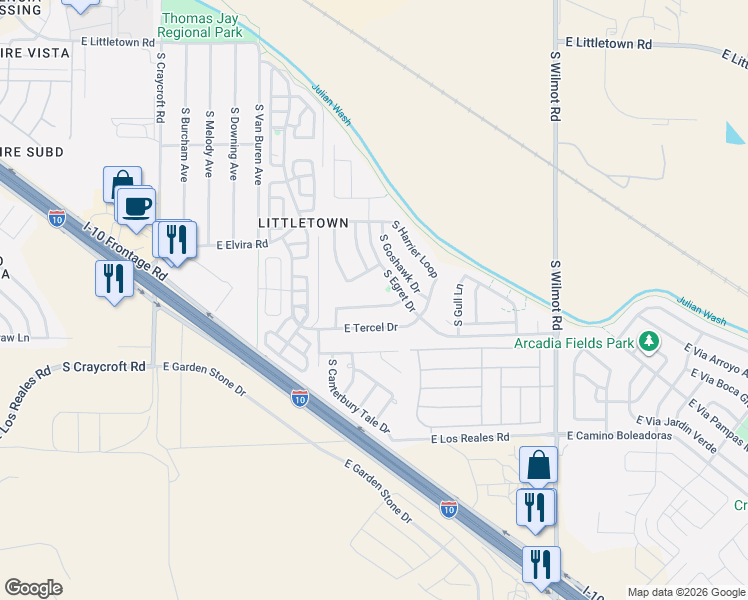 map of restaurants, bars, coffee shops, grocery stores, and more near 5914 East Curlew Lane in Tucson