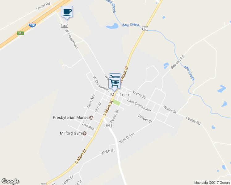 map of restaurants, bars, coffee shops, grocery stores, and more near U.S. 77 in Milford