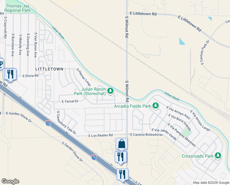 map of restaurants, bars, coffee shops, grocery stores, and more near 6217 East Stonechat Drive in Tucson