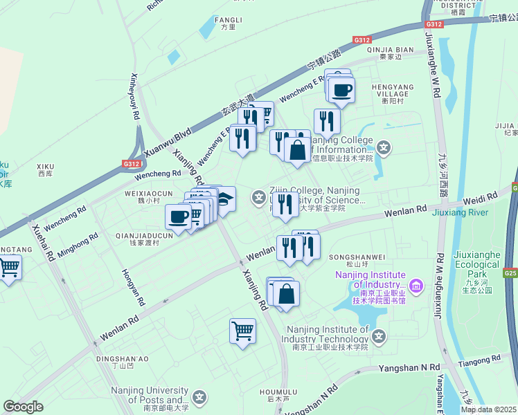 map of restaurants, bars, coffee shops, grocery stores, and more near Wen Lan Lu in Nan Jing Shi