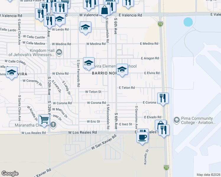 map of restaurants, bars, coffee shops, grocery stores, and more near 6963 South Missiondale Road in Tucson