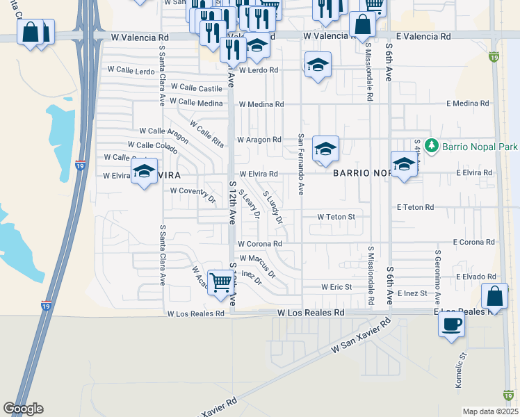 map of restaurants, bars, coffee shops, grocery stores, and more near 6950 South Lundy Drive in Tucson