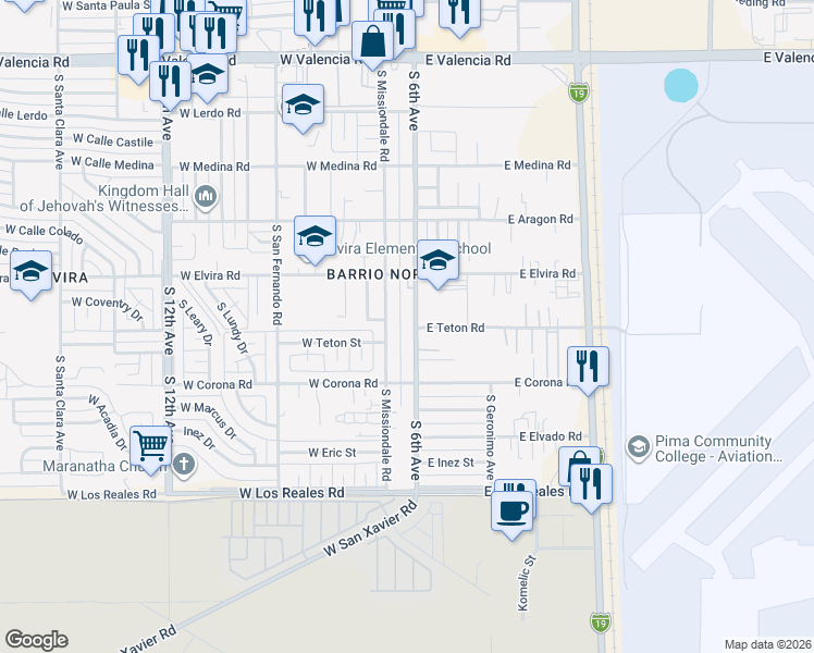 map of restaurants, bars, coffee shops, grocery stores, and more near 6963 South Missiondale Road in Tucson