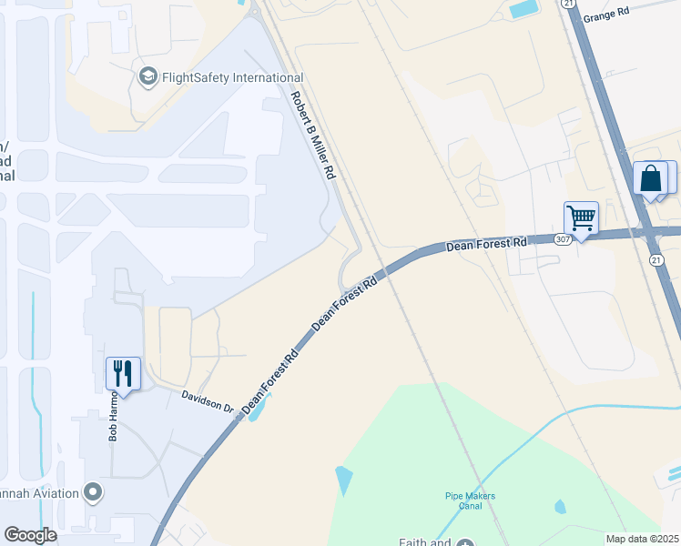map of restaurants, bars, coffee shops, grocery stores, and more near Robert B Miller Junior in Savannah