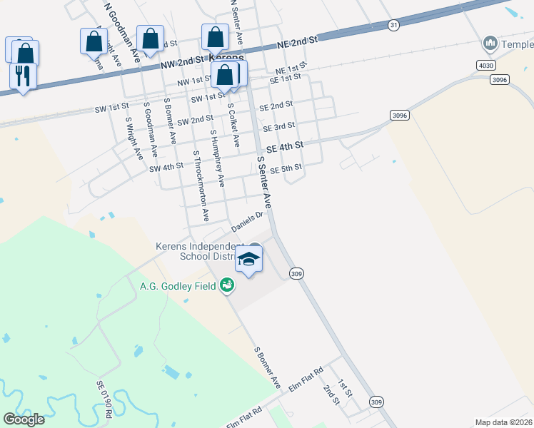 map of restaurants, bars, coffee shops, grocery stores, and more near 704 South Senter Avenue in Kerens