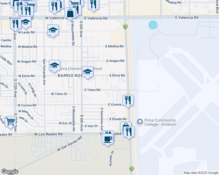 map of restaurants, bars, coffee shops, grocery stores, and more near 355 East Teton Road in Tucson