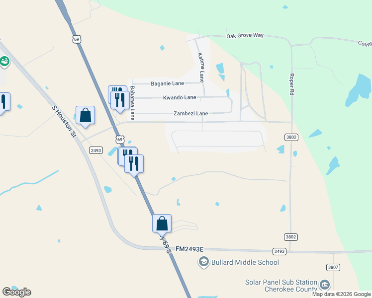 map of restaurants, bars, coffee shops, grocery stores, and more near 563 Eland Way in Mount Selman
