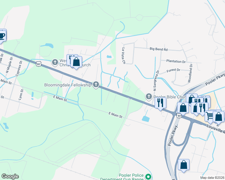 map of restaurants, bars, coffee shops, grocery stores, and more near 1264 U.S. 80 in Bloomingdale