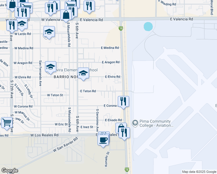 map of restaurants, bars, coffee shops, grocery stores, and more near 355 East Teton Road in Tucson