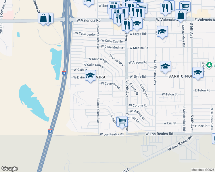 map of restaurants, bars, coffee shops, grocery stores, and more near 6961 South 14th Place in Tucson