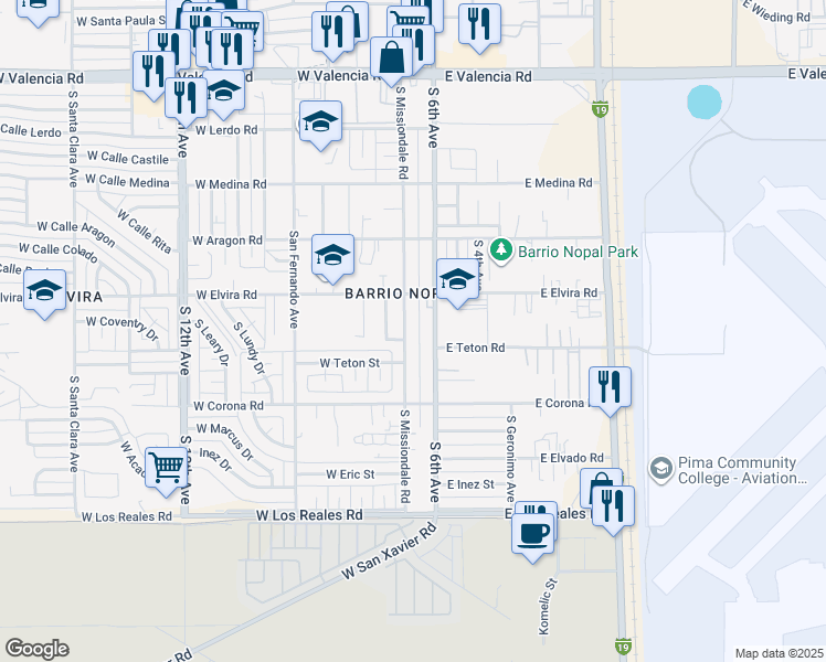 map of restaurants, bars, coffee shops, grocery stores, and more near 6963 South Missiondale Road in Tucson