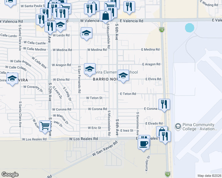 map of restaurants, bars, coffee shops, grocery stores, and more near 6963 South Missiondale Road in Tucson