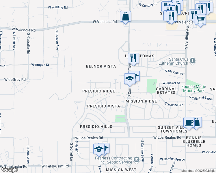 map of restaurants, bars, coffee shops, grocery stores, and more near 3508 West Lost Village Lane in Tucson