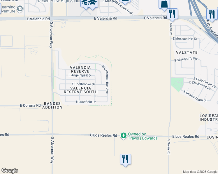 map of restaurants, bars, coffee shops, grocery stores, and more near 6981 South Cottontail Run Avenue in Tucson
