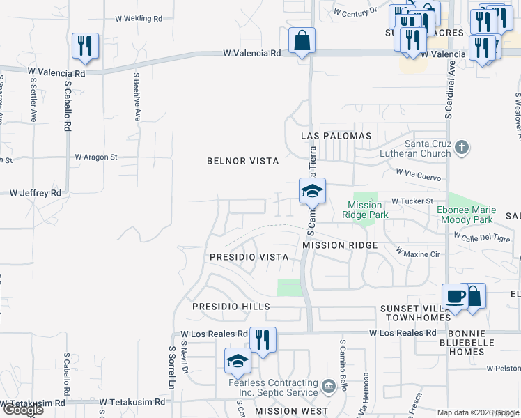 map of restaurants, bars, coffee shops, grocery stores, and more near 3508 West Lost Village Lane in Tucson