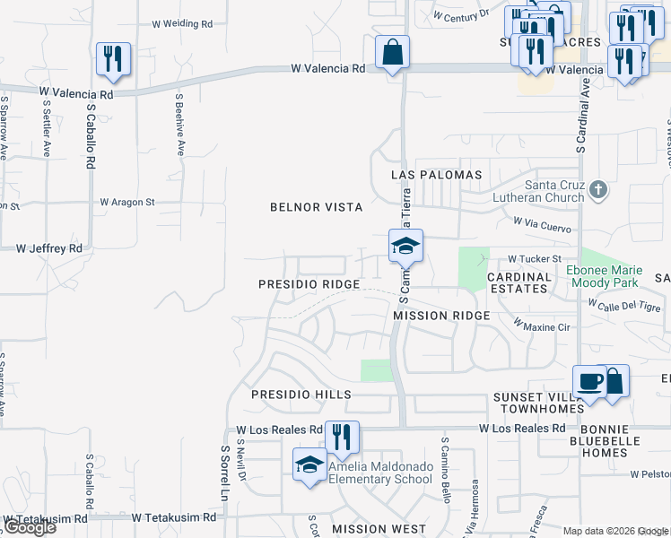 map of restaurants, bars, coffee shops, grocery stores, and more near 3508 West Lost Village Lane in Tucson