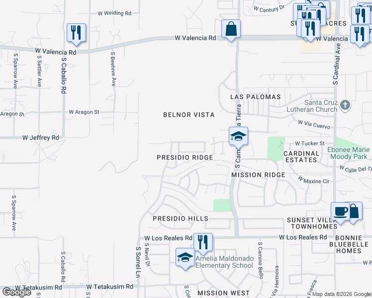 map of restaurants, bars, coffee shops, grocery stores, and more near 3588 West Lost Village Lane in Tucson
