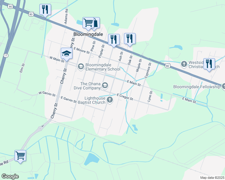 map of restaurants, bars, coffee shops, grocery stores, and more near 502 East Cregor Street in Bloomingdale