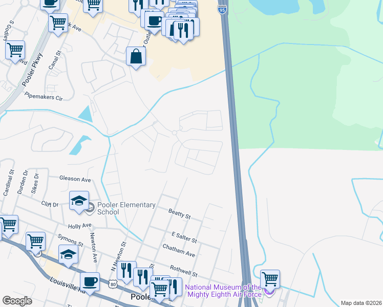 map of restaurants, bars, coffee shops, grocery stores, and more near 617 Morgan Street in Pooler