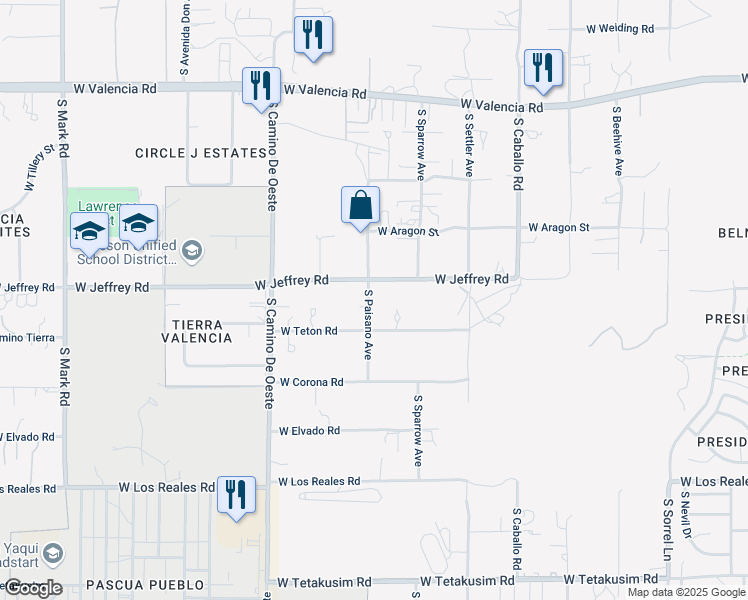map of restaurants, bars, coffee shops, grocery stores, and more near 4353 West Jeffrey Road in Tucson