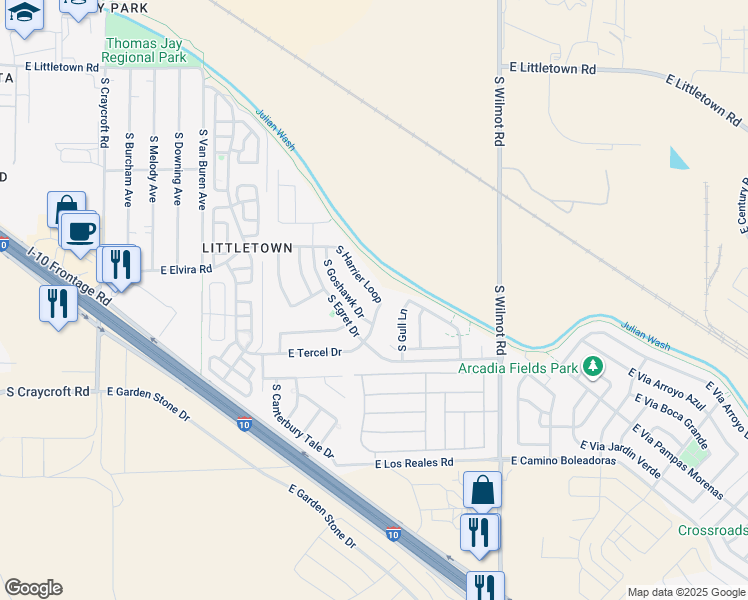 map of restaurants, bars, coffee shops, grocery stores, and more near 6954 South Harrier Loop in Tucson