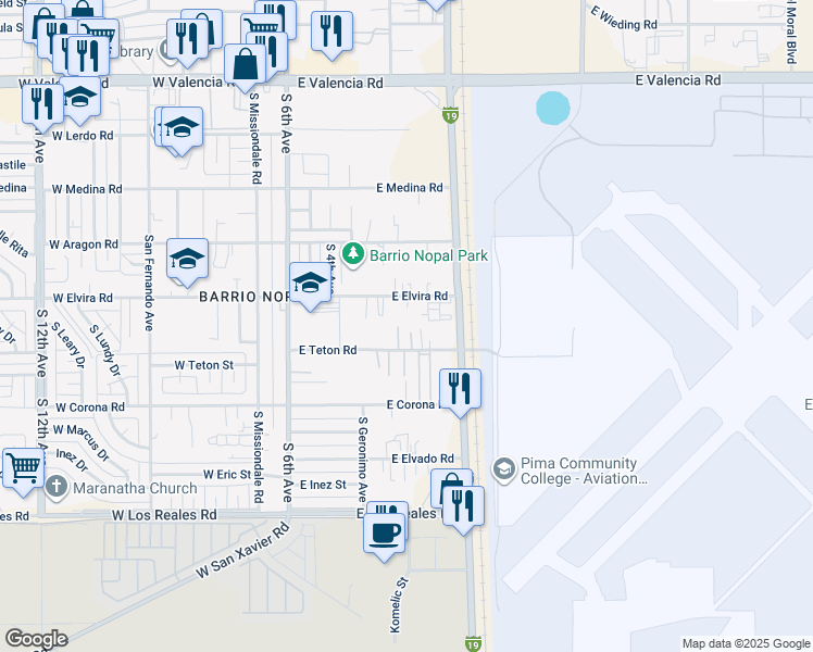 map of restaurants, bars, coffee shops, grocery stores, and more near 435 East Teton Road in Tucson