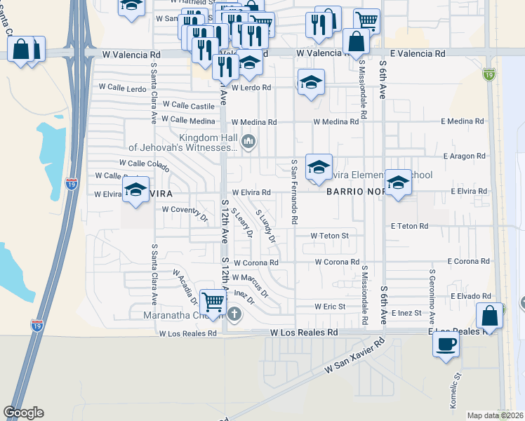 map of restaurants, bars, coffee shops, grocery stores, and more near 6950 South Lundy Drive in Tucson