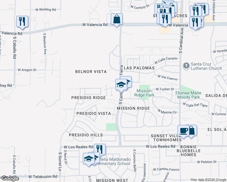 map of restaurants, bars, coffee shops, grocery stores, and more near 6956 Placita De Amigos in Tucson