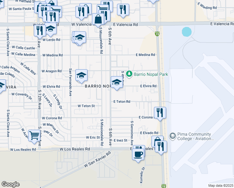 map of restaurants, bars, coffee shops, grocery stores, and more near 100 East Elvira Road in Tucson